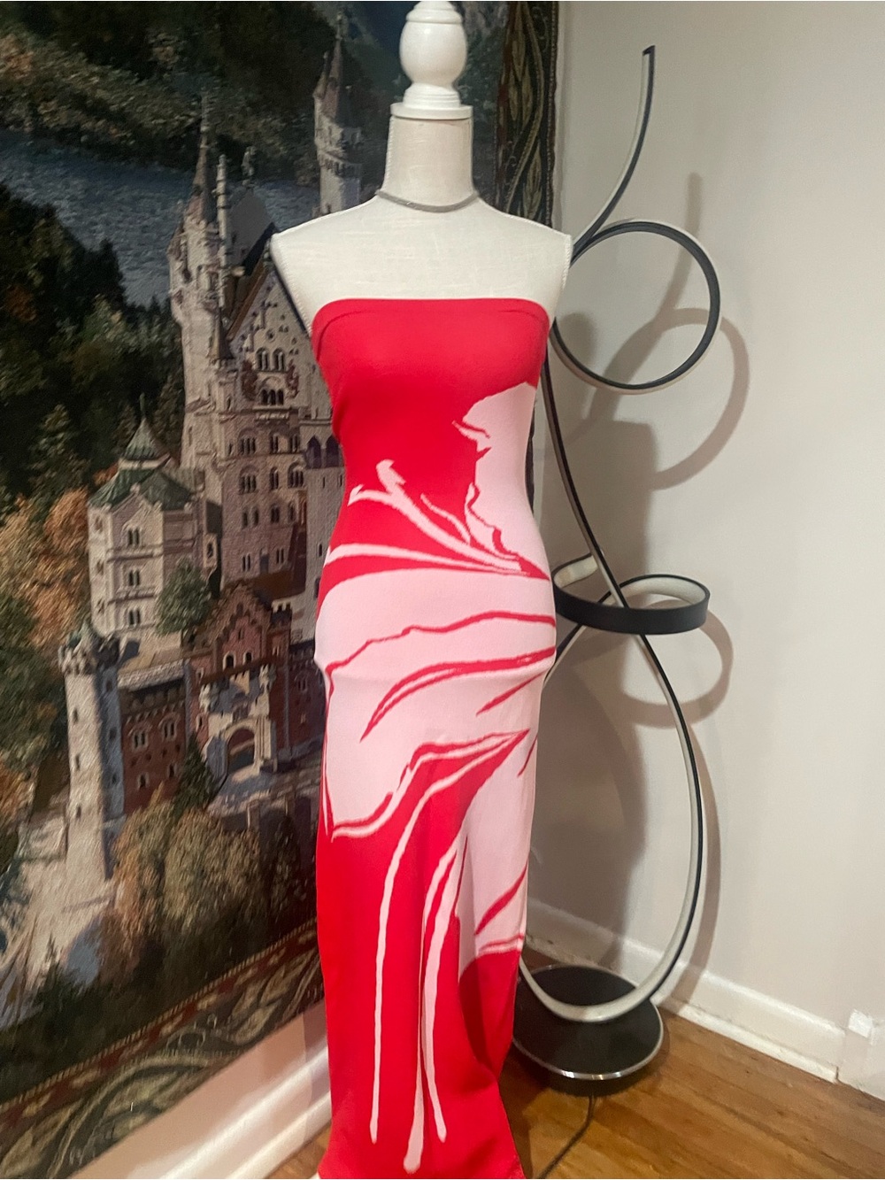 Strapless Kookai Pink & Red high-end Bodycon Maxi Dress